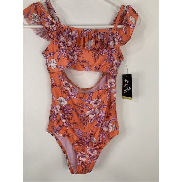 Art Class Girls Orange Floral Print Off Shoulder Swimsuit Size M(7/8) Plus NWT - Picture 1 of 6